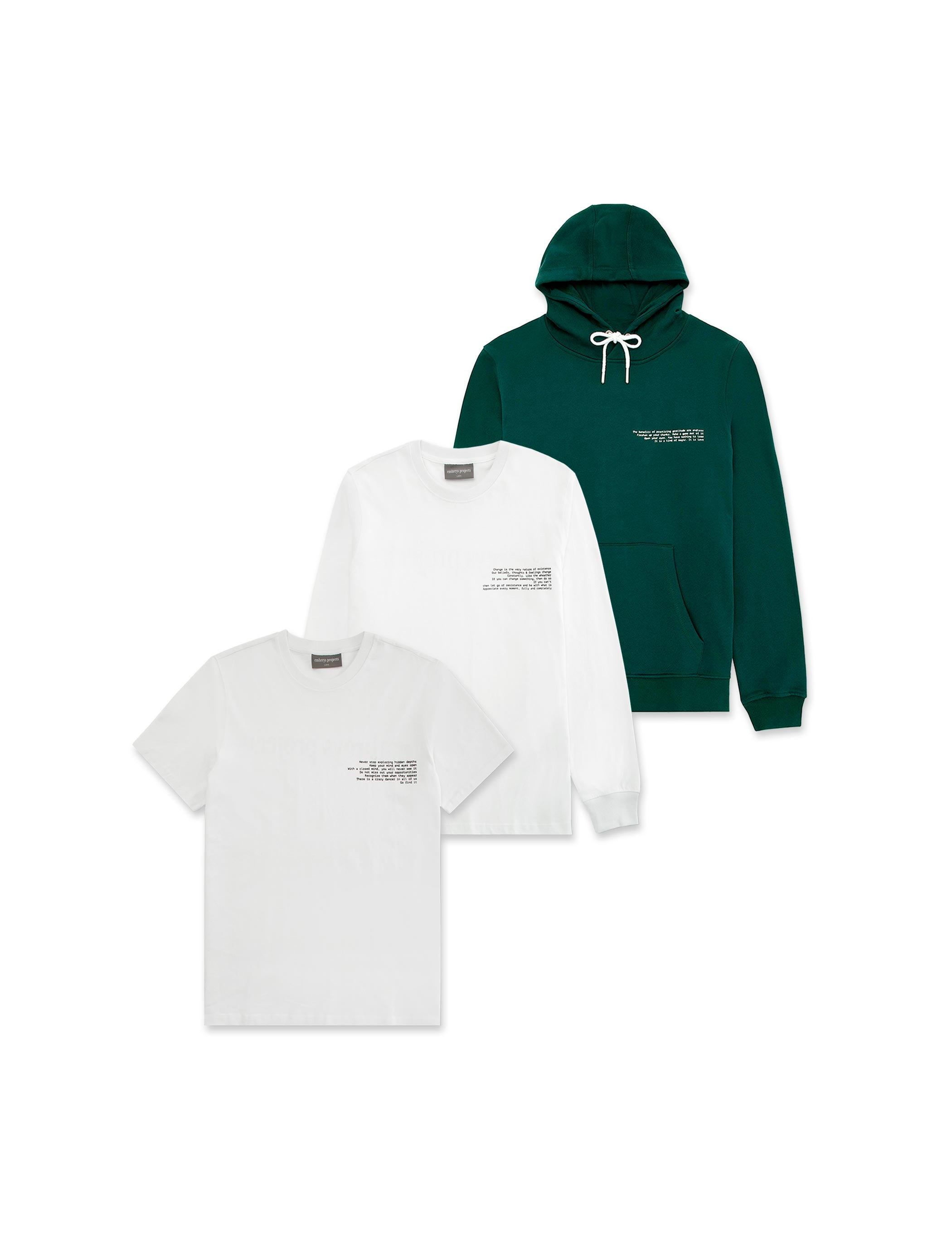 3-PACK ★ BJORK HOODIE, FRANK LS TEE & MONO TEE (grøn & hvid) - Embreys Projects